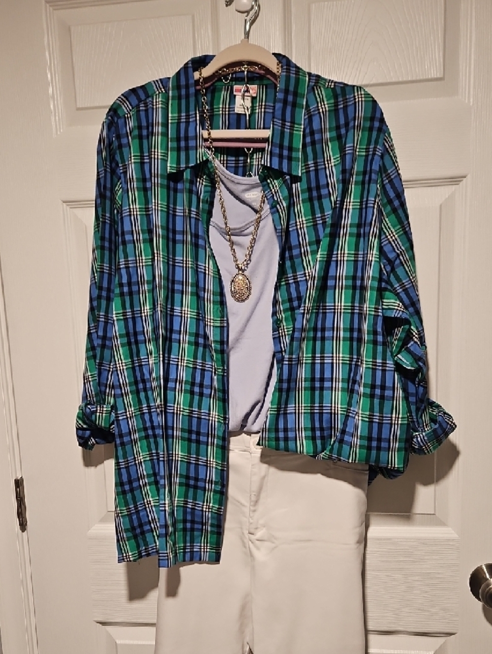 Womens Plaid Button-Down Shirt in Blue & Green